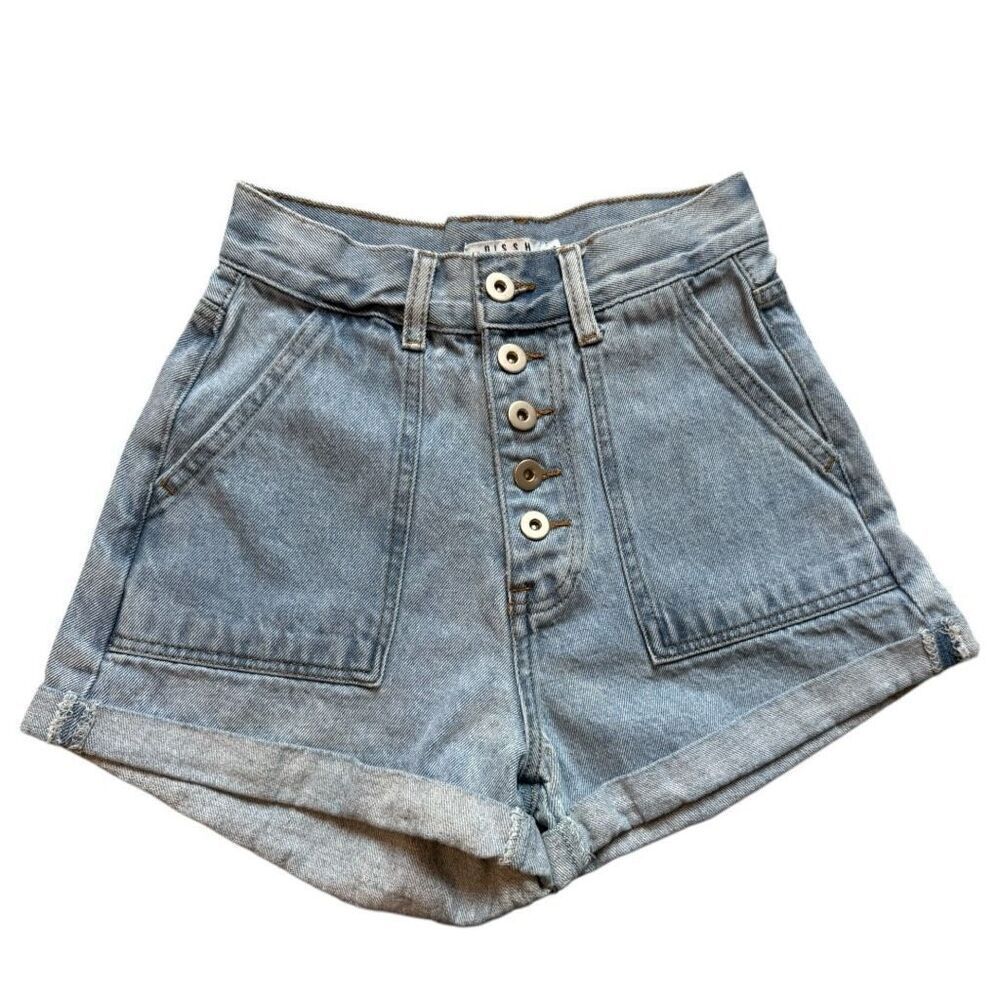 Womens Dissh London Blue Y2K High Rise Button Fly Cuffed Denim Jean Shorts  Sz 6